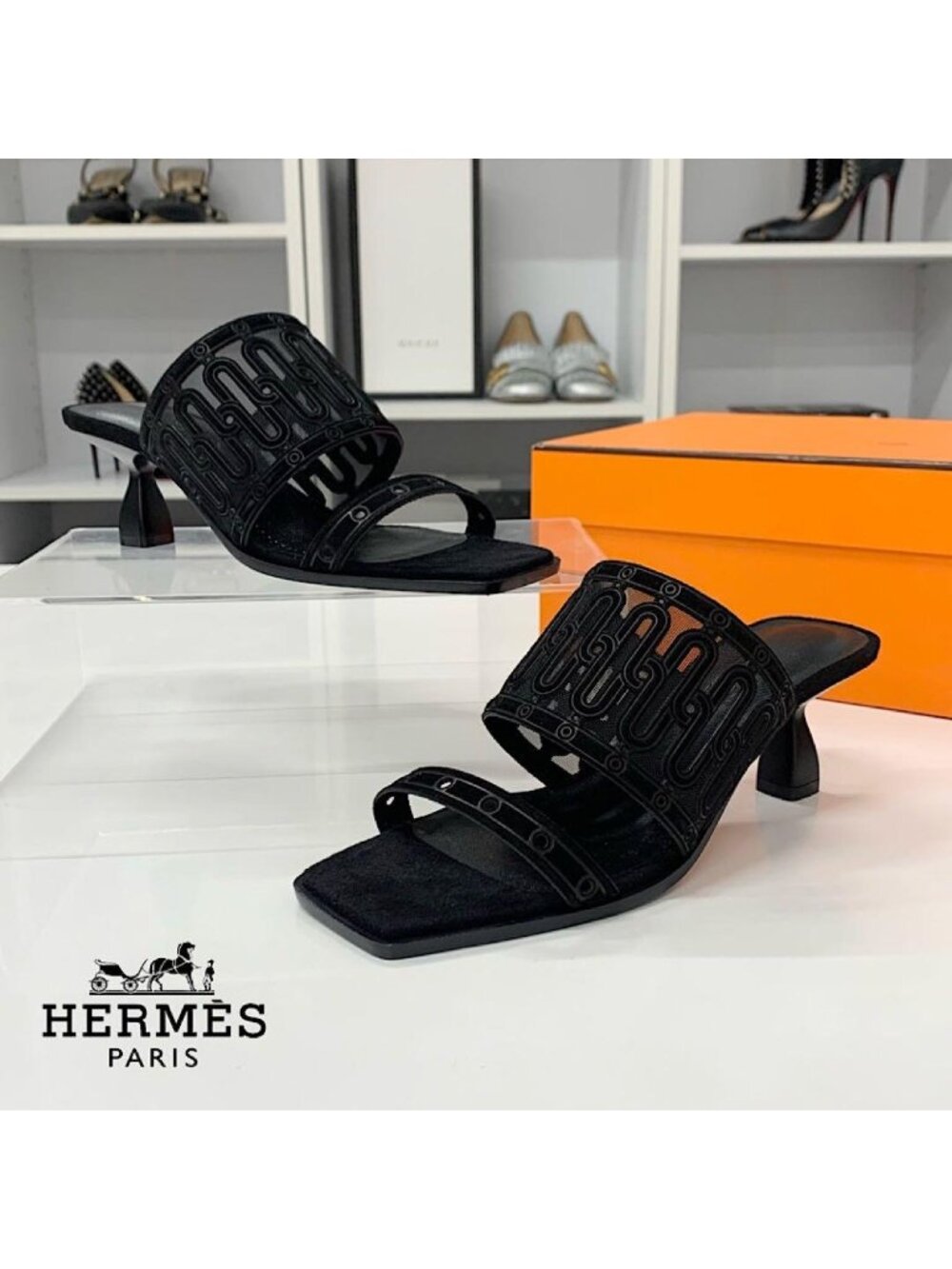 Hermes Gioia Suede Mesh Sandals Black